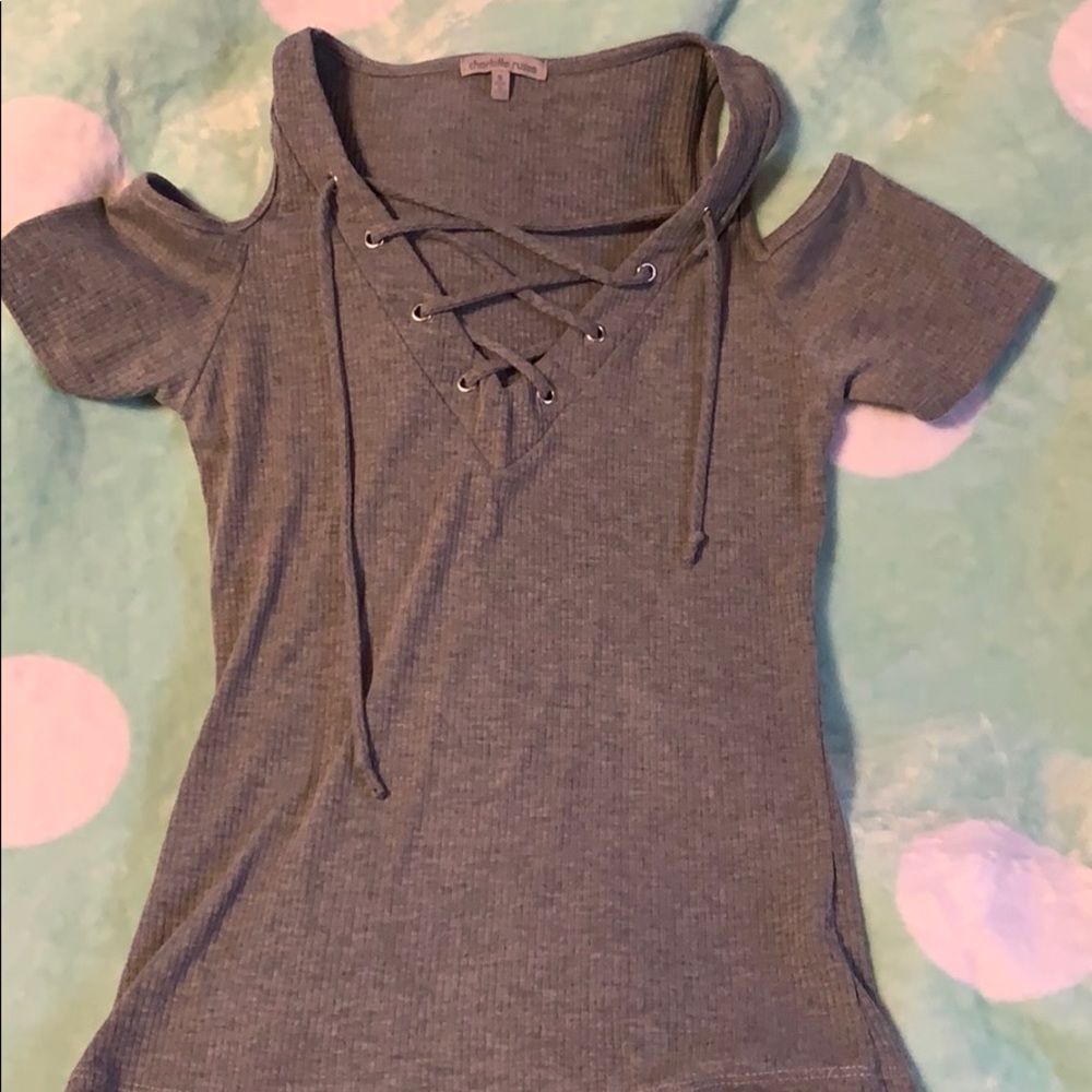 Grey off the shoulder shirt with ties in front